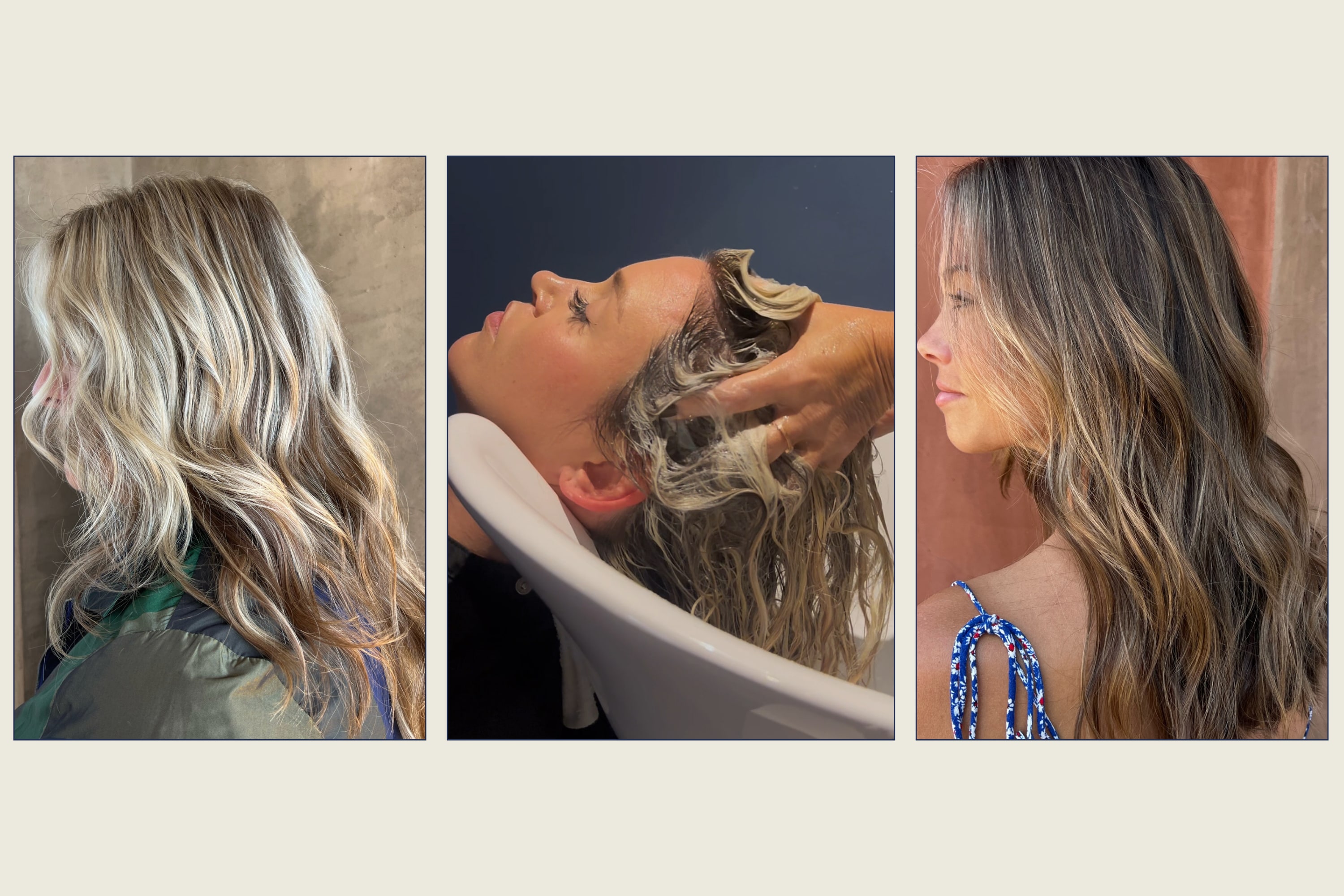 Three salon photos showing dimensional hair color and a shampoo treatment